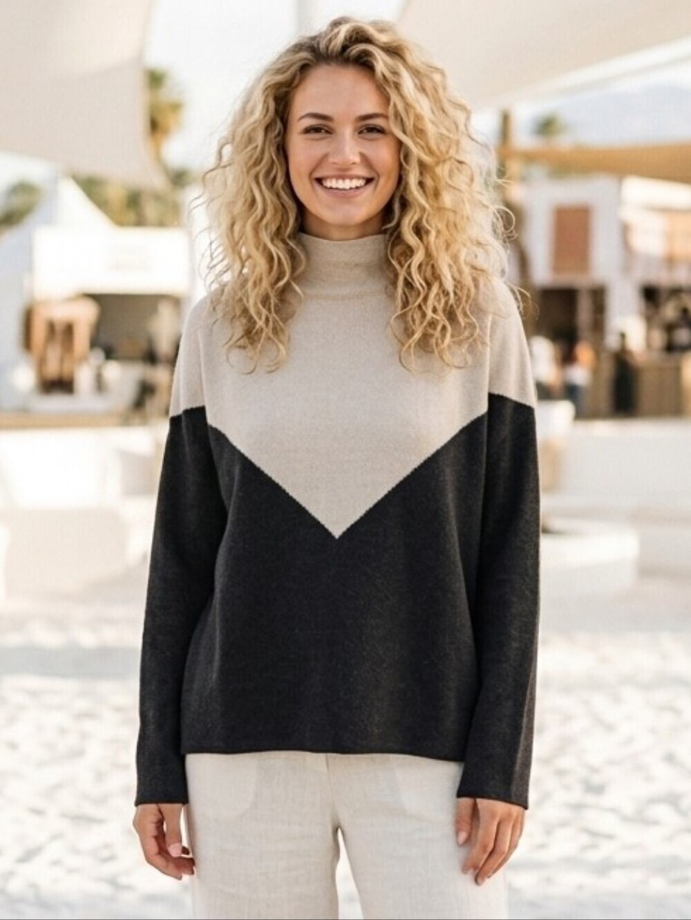Cynthia Rowley Colorblock Black White Turtleneck Viscose Blend Sweater XL